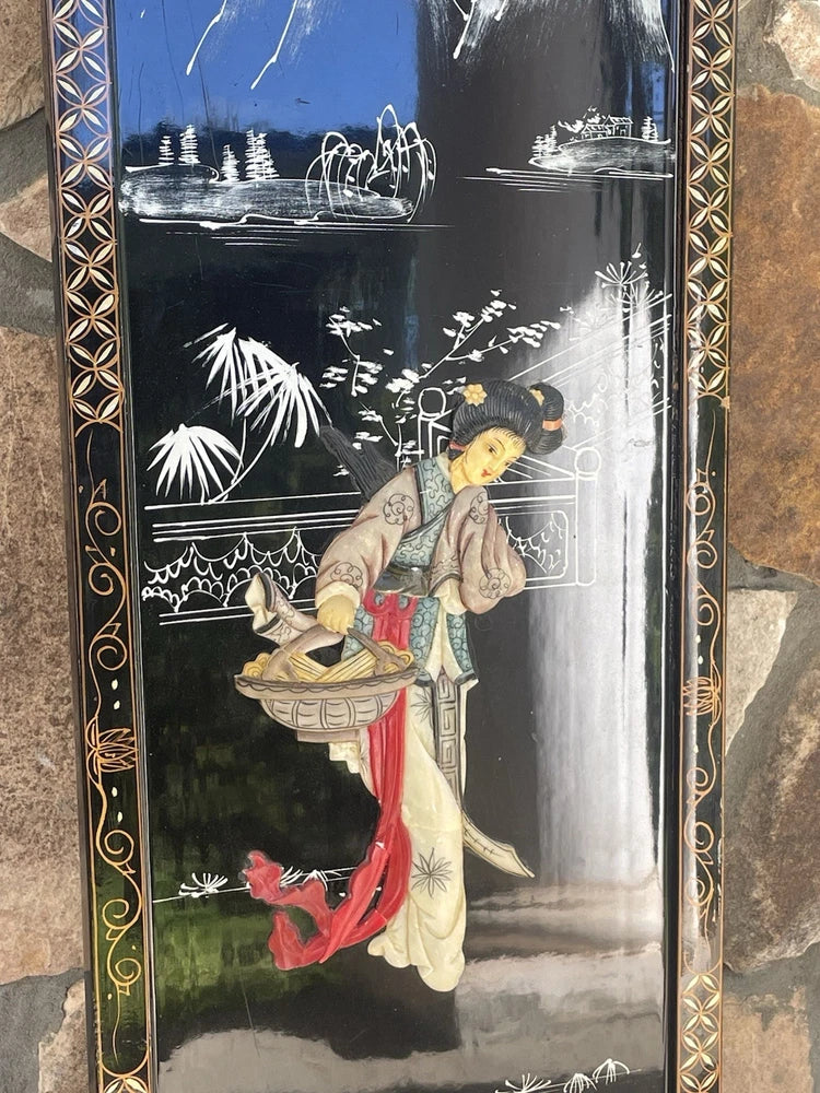 VTG Mid-Century Chinoiserie Style Asian Soapstone Wall Panel Mother Of Pearl