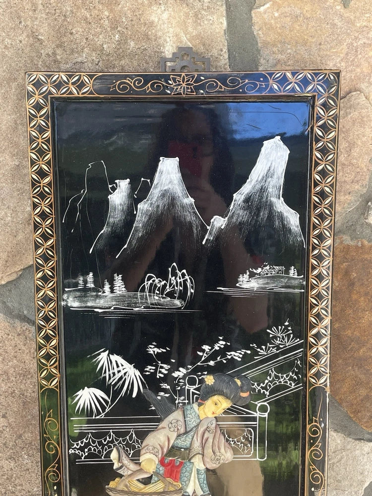 VTG Mid-Century Chinoiserie Style Asian Soapstone Wall Panel Mother Of Pearl