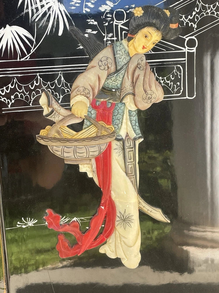 VTG Mid-Century Chinoiserie Style Asian Soapstone Wall Panel Mother Of Pearl