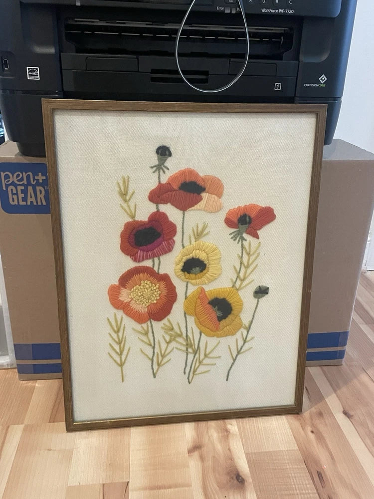 Vintage Framed Crewel Embroidery Floral Design 22x17"