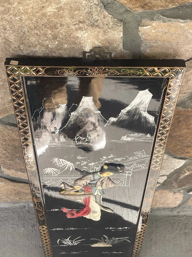VTG Mid-Century Chinoiserie Style Asian Soapstone Wall Panel Mother Of Pearl