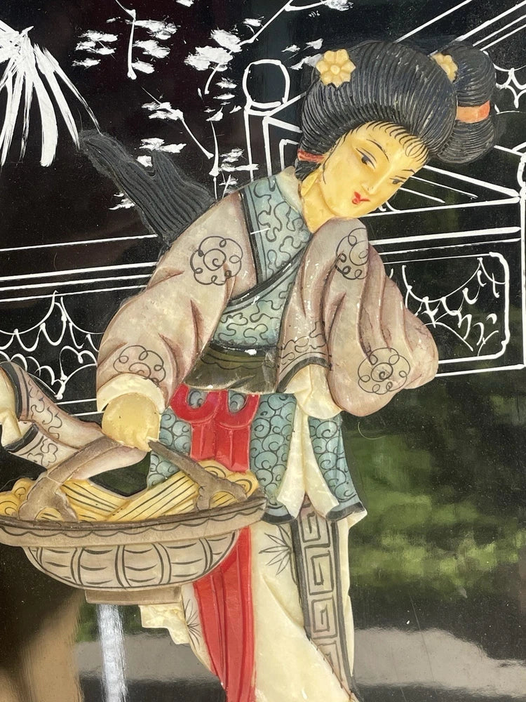 VTG Mid-Century Chinoiserie Style Asian Soapstone Wall Panel Mother Of Pearl