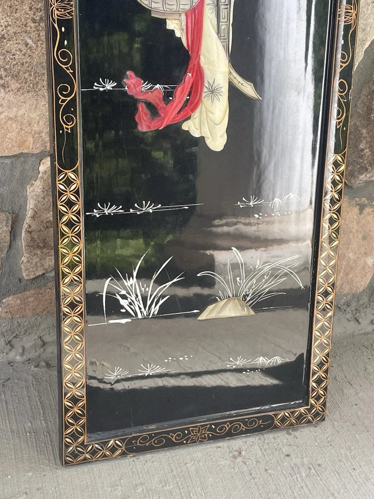 VTG Mid-Century Chinoiserie Style Asian Soapstone Wall Panel Mother Of Pearl