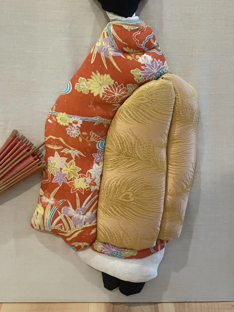 3D Japanese Fabric Artwork Geisha Girl Kimono w Umbrella Handmade 16x12"