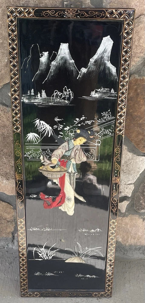 VTG Mid-Century Chinoiserie Style Asian Soapstone Wall Panel Mother Of Pearl