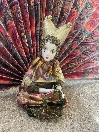 Vintage Porcelain Pierrot Mime Doll Soft Body Hand Painted Fan Background