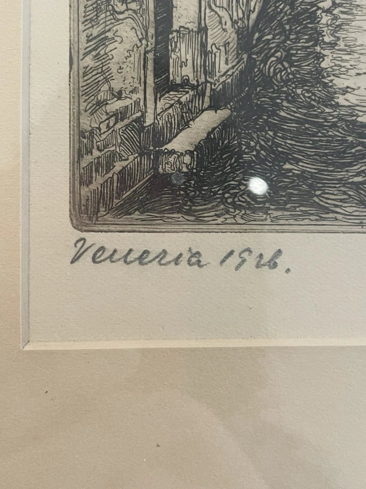 Antique c.1926 Etching Bridge of Sighs Venice Italy Artist Signed Pencil Framed