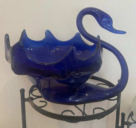 Cobalt Blue Glass Swan Figure Bowl Hand Blown Glass Large 12x8" Serving Bowl