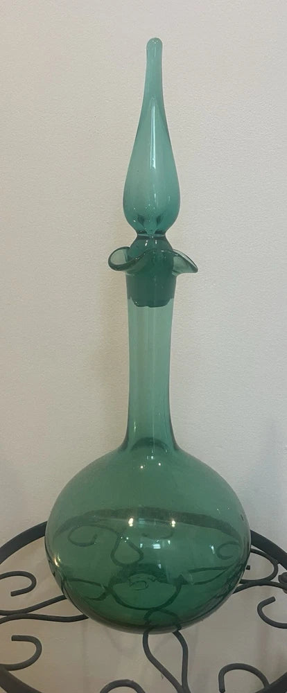 Hand Blown Emerald Green Glass Decanter With Lid Italian Art Glass 14" Tall