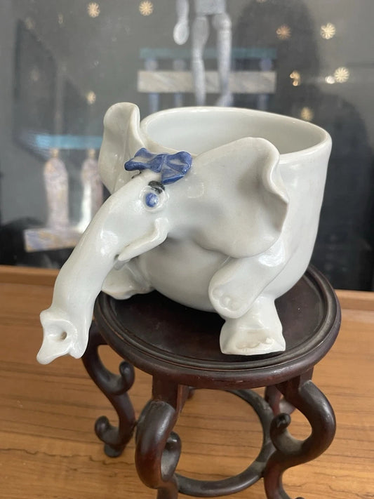 Handmade Studio Pottery Elephant Animal Figure Cup Artist Signed "Emily" 3in