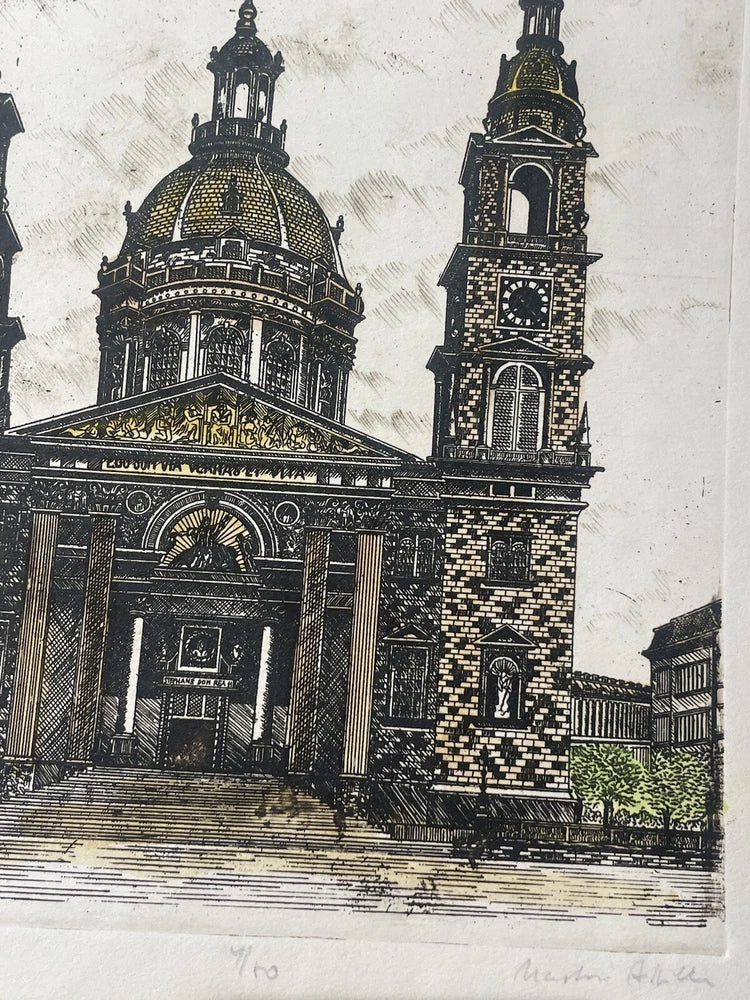 Hand Colored Lithograph Of A Religious Cathedral Artist Signed Made In Hungary