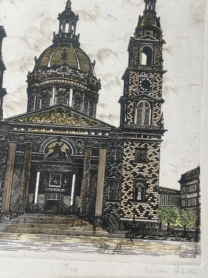 Hand Colored Lithograph Of A Religious Cathedral Artist Signed Made In Hungary