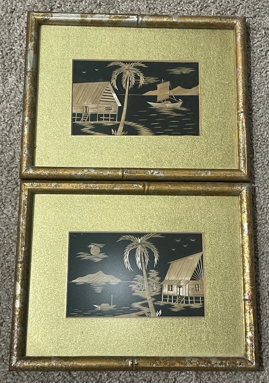 2 Vintage Asian Gold Frame Art Wood Bamboo Inlay Wall Hanging Home Decor Rattan