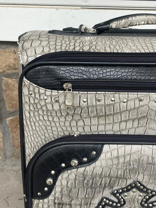 Faux Alligator Croc Skin Leather Wheeled 20” Suitcase Silver Studs Cross Grey