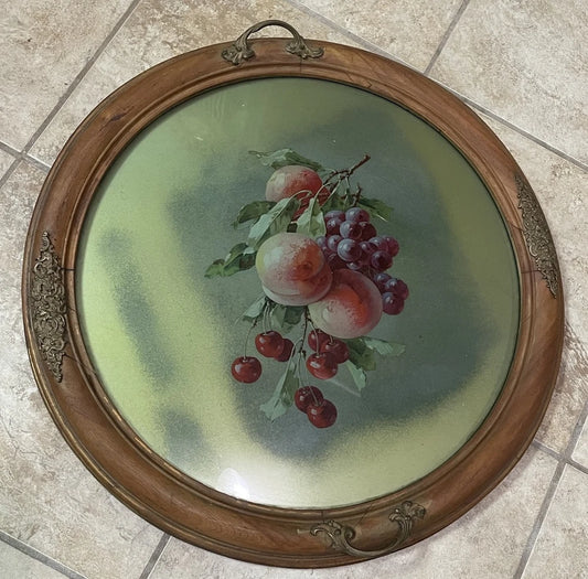Hand Painted Reverse Glass Fruit Tray Wooden Border Ornate Brass Handles 20in