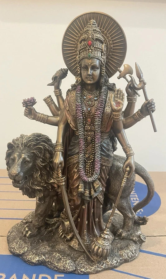 Bronze Durga Maa Standing with Lion Idol Shakti Figurine Hindu Religious Statue