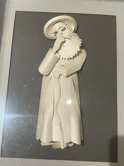 "A Rabbi" 3D Paper Sculpture by Artist Jack Eisner Shadowbox Framed 14x11"