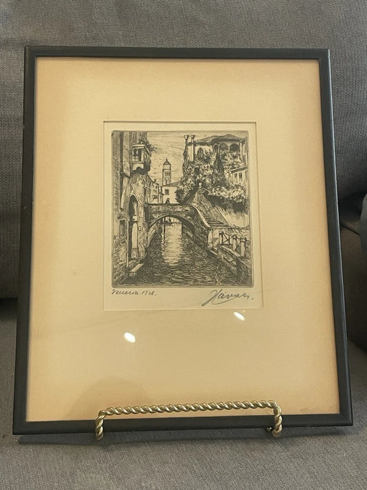 Antique c.1926 Etching Bridge of Sighs Venice Italy Artist Signed Pencil Framed