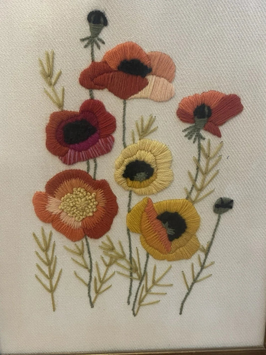 Vintage Framed Crewel Embroidery Floral Design 22x17"