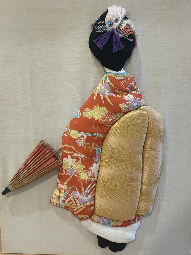 3D Japanese Fabric Artwork Geisha Girl Kimono w Umbrella Handmade 16x12"
