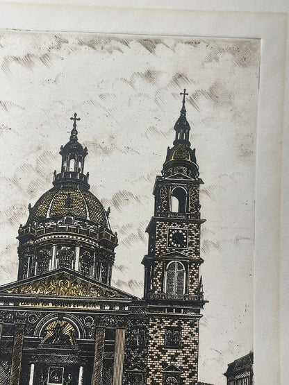 Hand Colored Lithograph Of A Religious Cathedral Artist Signed Made In Hungary