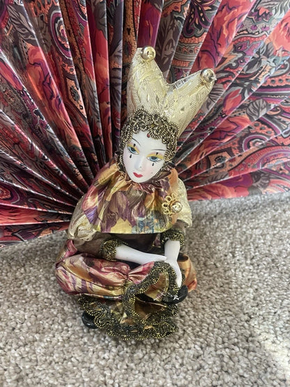 Vintage Porcelain Pierrot Mime Doll Soft Body Hand Painted Fan Background