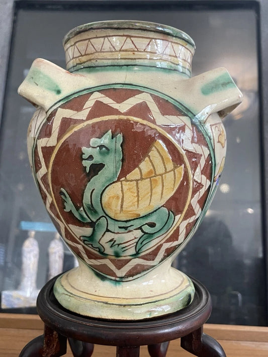 VTG Italian Carved Sgraffito Majolica Faience Pottery Vase/Urn Handles 1960s 7in