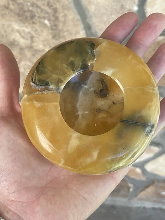 Authentic Black & Yellow Natural Agate Gemstone Base / Egg Stand Vintage
