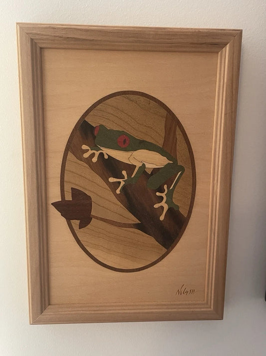 Hudson River Inlay Red Eye Tree Frog Multi-Wood Artwork 10x7” Artist Signed