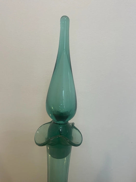 Hand Blown Emerald Green Glass Decanter With Lid Italian Art Glass 14" Tall