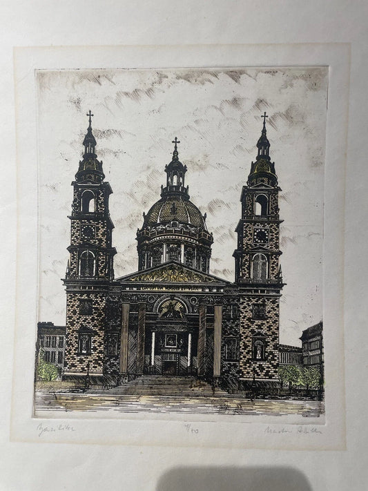 Hand Colored Lithograph Of A Religious Cathedral Artist Signed Made In Hungary