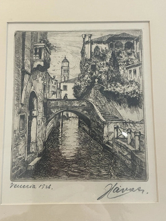 Antique c.1926 Etching Bridge of Sighs Venice Italy Artist Signed Pencil Framed