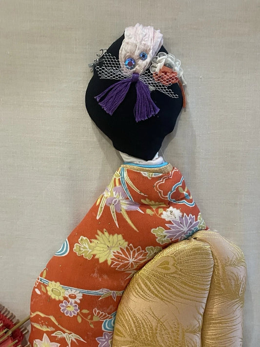3D Japanese Fabric Artwork Geisha Girl Kimono w Umbrella Handmade 16x12"