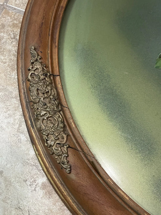 Hand Painted Reverse Glass Fruit Tray Wooden Border Ornate Brass Handles 20in