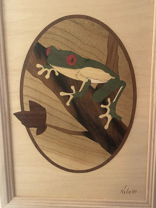 Hudson River Inlay Red Eye Tree Frog Multi-Wood Artwork 10x7” Artist Signed