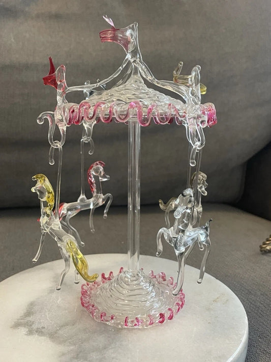 Hand Blown Art Glass Mechanical Merry-Go-Round Horses