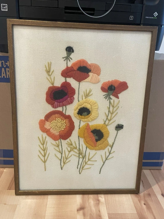 Vintage Framed Crewel Embroidery Floral Design 22x17"