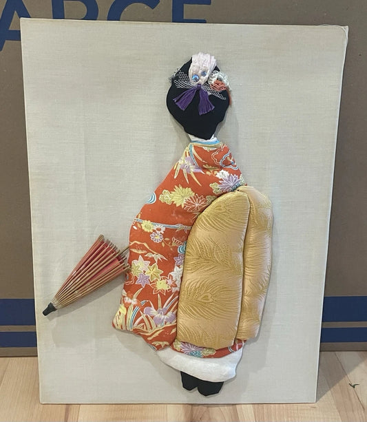 3D Japanese Fabric Artwork Geisha Girl Kimono w Umbrella Handmade 16x12"