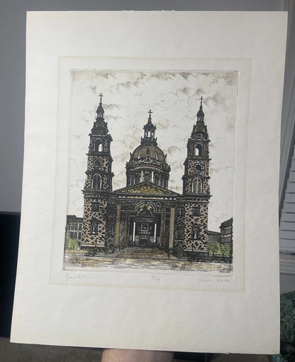 Hand Colored Lithograph Of A Religious Cathedral Artist Signed Made In Hungary