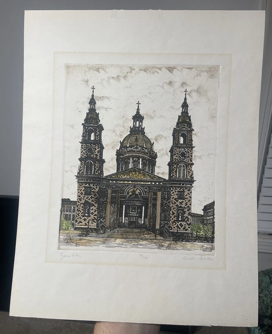 Hand Colored Lithograph Of A Religious Cathedral Artist Signed Made In Hungary